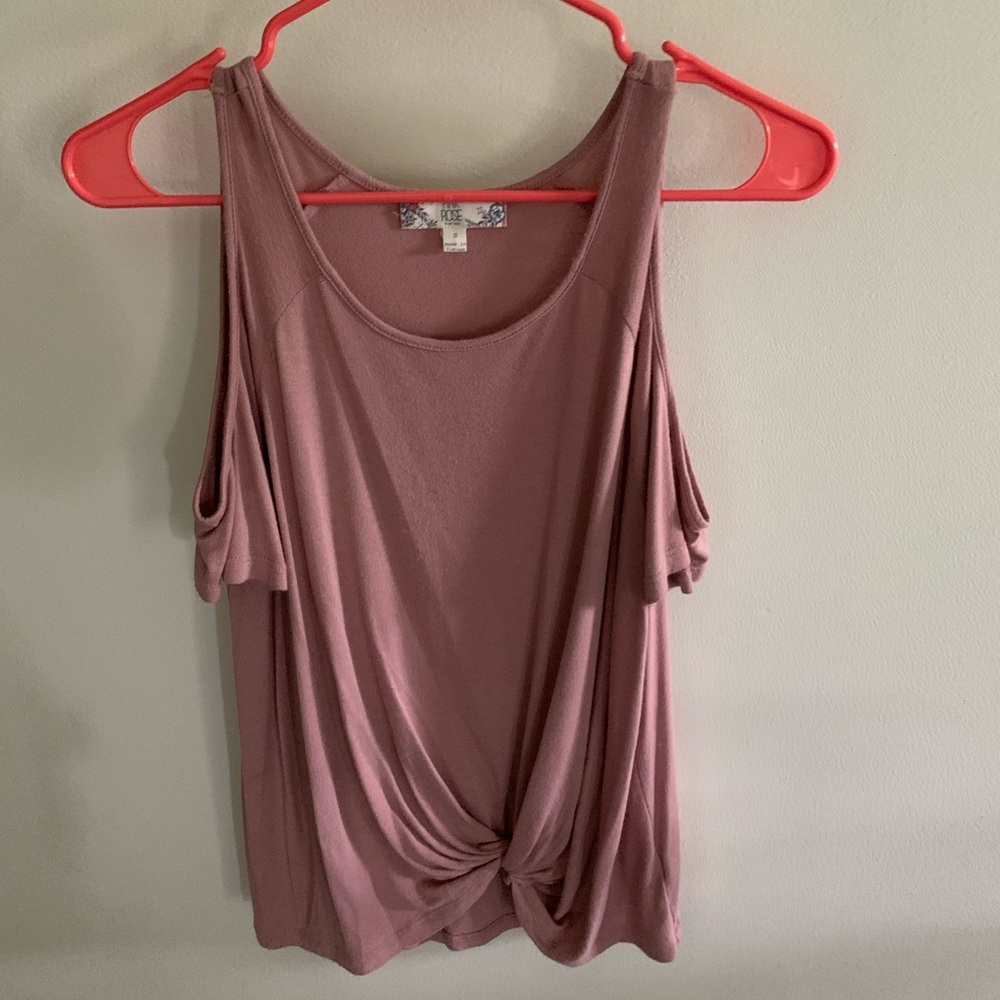Rose colored open shoulder t shirt tie front